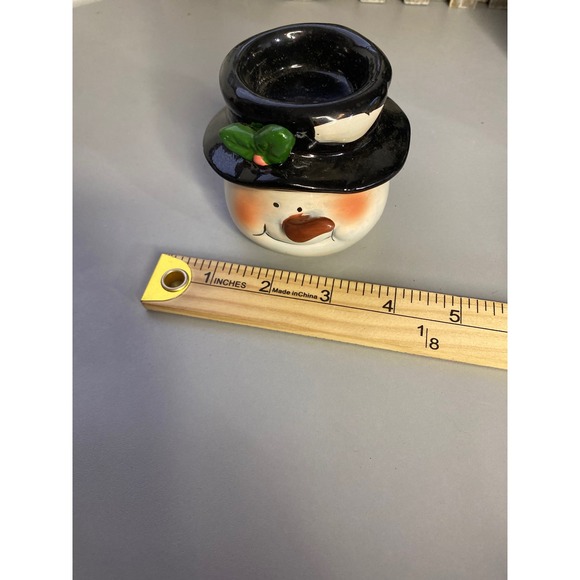 Ceramic Snowman Head Tealight Candle Holder Black Top Hat Green Leaves - Picture 6 of 6